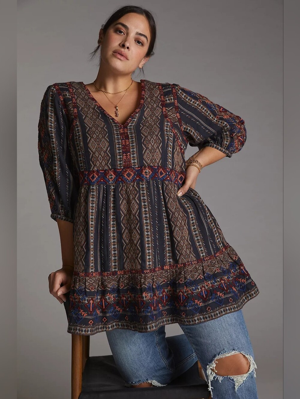 Anthropologie by A+ Embroidered Boho Babydoll Mini Dress 1X